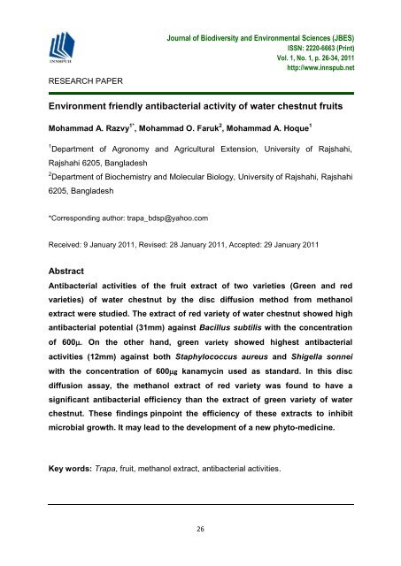 Environment friendly antibacterial activity of water chestnut fruits