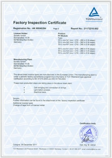 Factory Inspection Certificate - Sovello