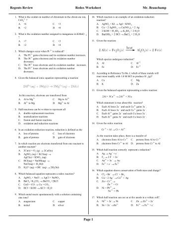 Chapter 20 Worksheet Redox Redox Chemistry