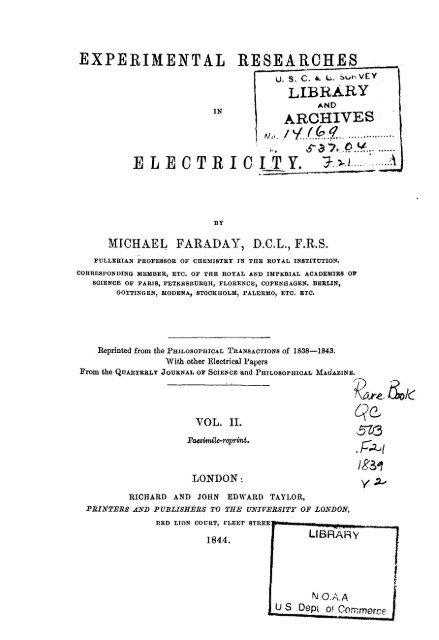 Experimental Researches In Electricity By Michael Faraday Noaa