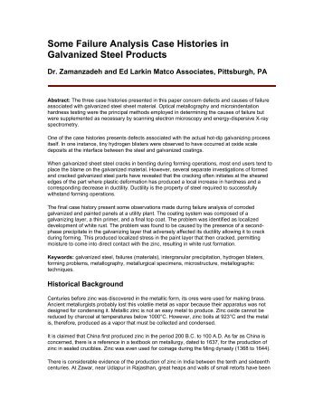 Some Failure Analysis Case Histories in Galvanized Steel Products