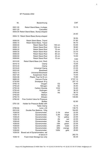 1 SF Preisliste 2002 Nr. Bezeichnung CHF ... - Awyco AG, Olten