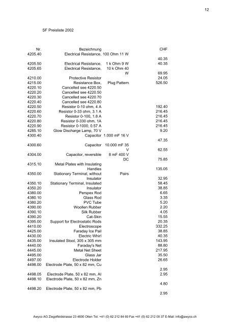1 SF Preisliste 2002 Nr. Bezeichnung CHF ... - Awyco AG, Olten