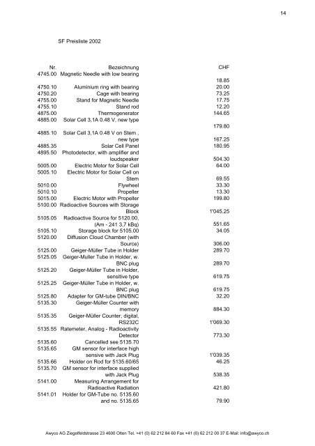 1 SF Preisliste 2002 Nr. Bezeichnung CHF ... - Awyco AG, Olten