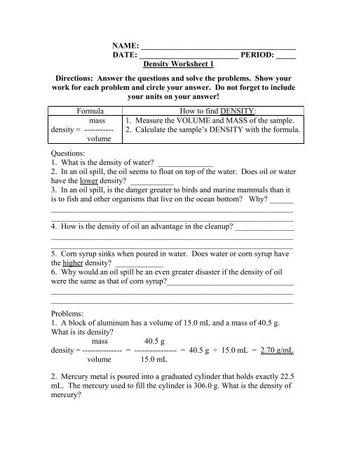 Density worksheet 1 & 2