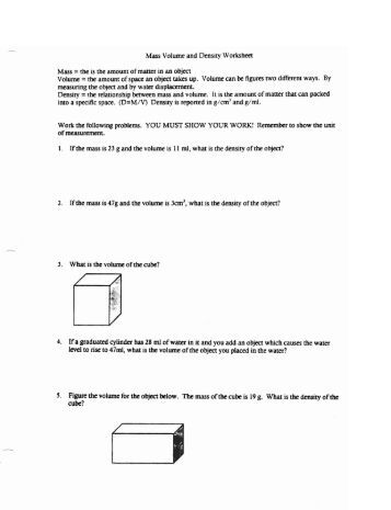 Finding Mass and Volume from the Density Formula Worksheet 2