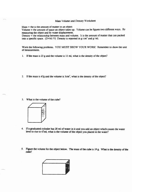 Mass Volume and Density Worksheet Work the following