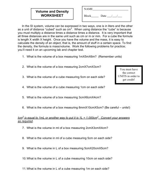 Volume and Density WORKSHEET - Bvsd