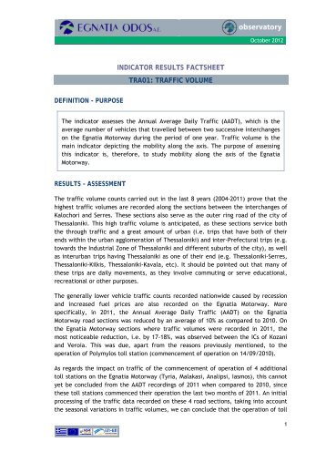 INDICATOR RESULTS FACTSHEET TRA01: TRAFFIC VOLUME