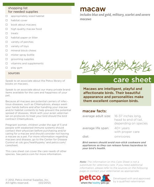 macaw care sheet - Petco.com