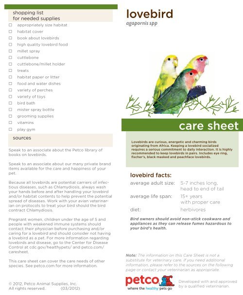 lovebird care sheet - Petco
