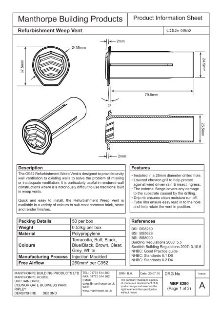 MBP8290a - G952 Refurbishment Weep Vent Product Information ...