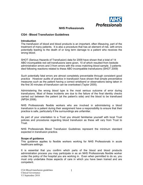 CG4 - Blood Transfusion Guidelines - NHS Professionals