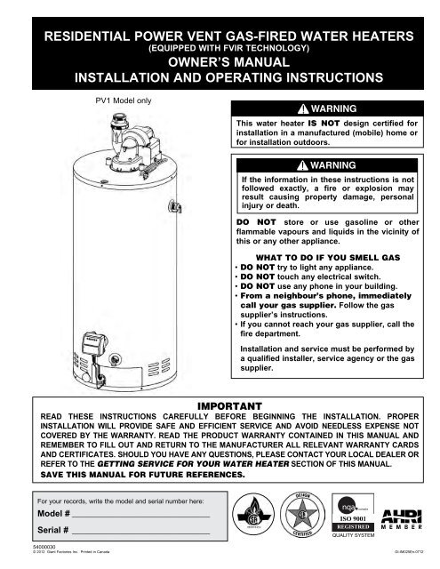 residential power vent gas-fired water heaters owner's ... - Giant