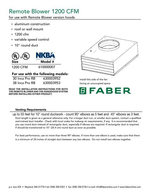 Remote Blower 1200 CFM - Faber
