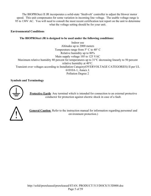 OPERATOR'S MANUAL BIOPROtect II JR Vent to ... - Baker Company