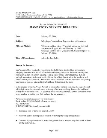 Mandatory service bulletin - Van's Aircraft, Inc.