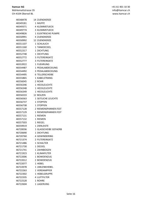 Ersatzteilliste Alfa + Fiat, Itamcar AG