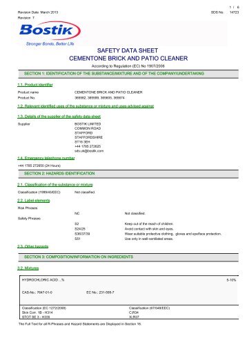 safety data sheet cementone brick and patio cleaner - Bostik