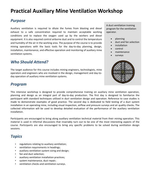 Practical Auxiliary Mine Ventilation Workshop - Health & Safety Ontario