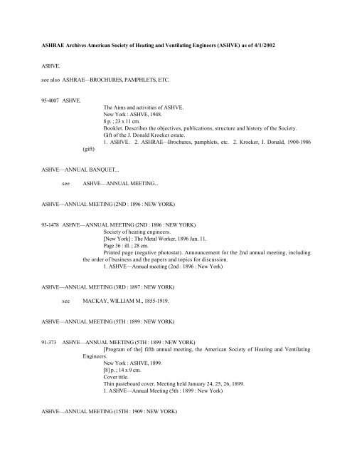 ASHRAE Archives American Society of Heating and Ventilating ...