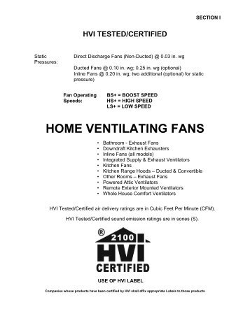 HOME VENTILATING FANS - Home Ventilating Institute