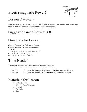 Electromagnetic Power! Lesson Overview Suggested Grade Levels ...