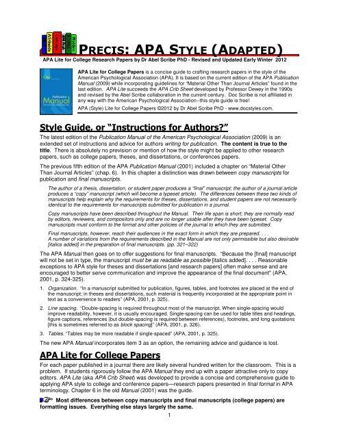 Apa Style Precis Dr Abel Scribe S Guides To Style Documentation