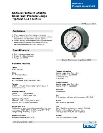 Capsule Pressure Gauges Solid Front Process Gauge Type 612.34