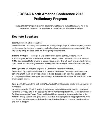 FOSS4G North America Conference 2013 Preliminary Program
