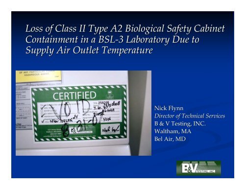 Loss of Class II Type A2 Biological Safety Cabinet Containment in a ...