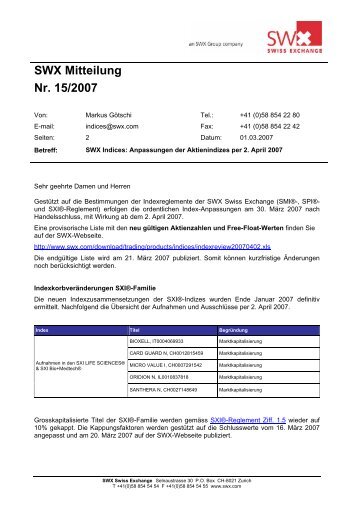 SWX-Mitteilung Nr. 15/2007 - SIX Swiss Exchange