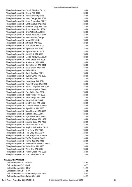 View or download our catalogue / pricelist. - East Coast Fibreglass ...