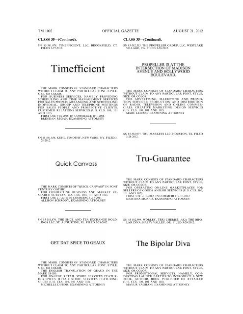 MARKS PUBLISHED FOR OPPOSITION - United States Patent and ...