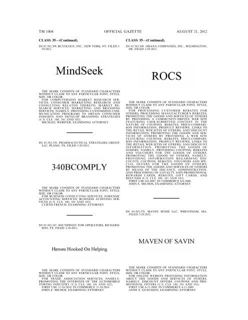 MARKS PUBLISHED FOR OPPOSITION - United States Patent and ...