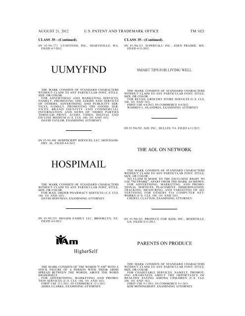 MARKS PUBLISHED FOR OPPOSITION - United States Patent and ...