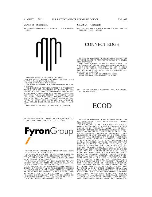 MARKS PUBLISHED FOR OPPOSITION - United States Patent and ...