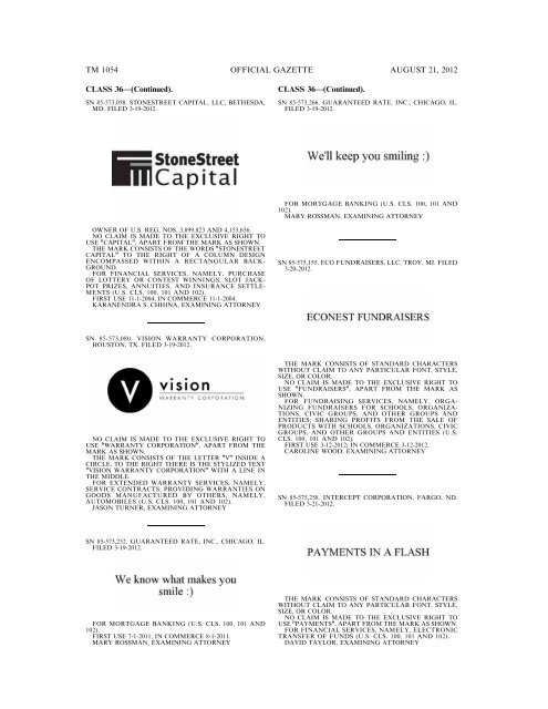 MARKS PUBLISHED FOR OPPOSITION - United States Patent and ...