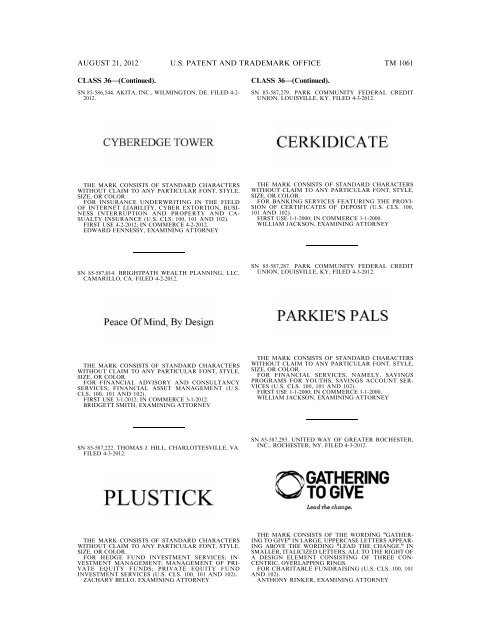 MARKS PUBLISHED FOR OPPOSITION - United States Patent and ...