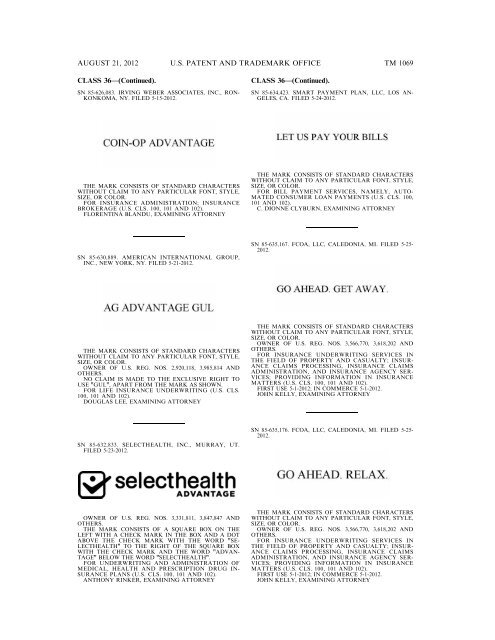 MARKS PUBLISHED FOR OPPOSITION - United States Patent and ...