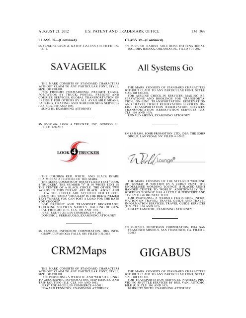 MARKS PUBLISHED FOR OPPOSITION - United States Patent and ...