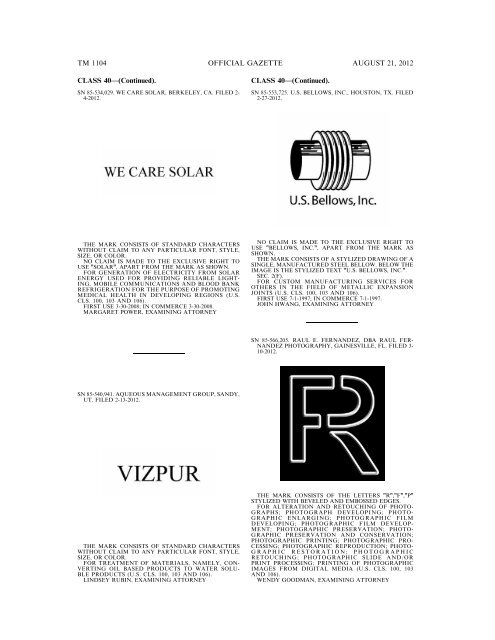 MARKS PUBLISHED FOR OPPOSITION - United States Patent and ...