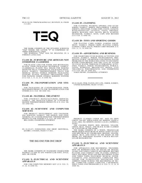 MARKS PUBLISHED FOR OPPOSITION - United States Patent and ...