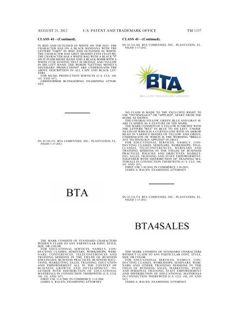 MARKS PUBLISHED FOR OPPOSITION - United States Patent and ...