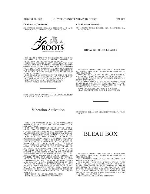 MARKS PUBLISHED FOR OPPOSITION - United States Patent and ...