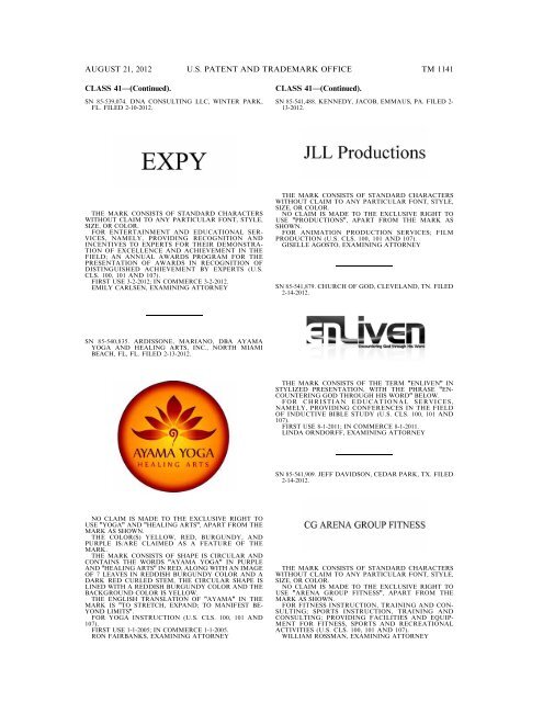 MARKS PUBLISHED FOR OPPOSITION - United States Patent and ...