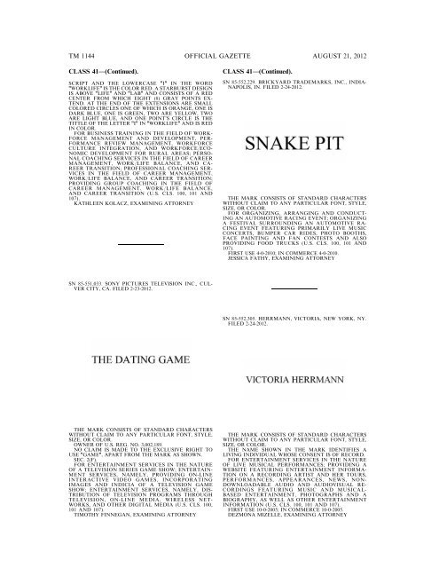 MARKS PUBLISHED FOR OPPOSITION - United States Patent and ...