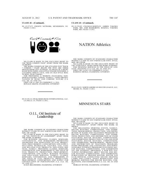 MARKS PUBLISHED FOR OPPOSITION - United States Patent and ...
