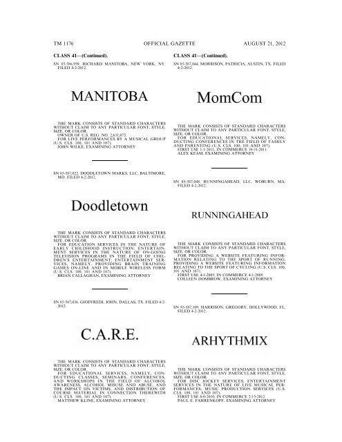 MARKS PUBLISHED FOR OPPOSITION - United States Patent and ...