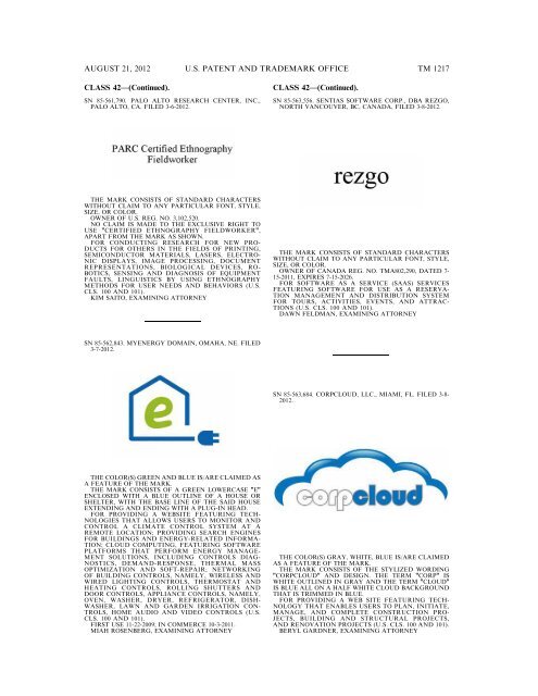 MARKS PUBLISHED FOR OPPOSITION - United States Patent and ...